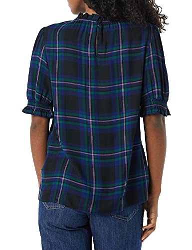 Amazon Essentials Women's Fluid Twill Short Puff Sleeve Ruffle Smock Detail Blouse - color: Black Multi Chelsea Tartan, size: X-Small