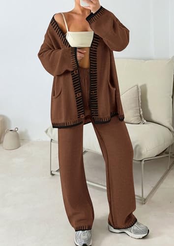 PRETTYGARDEN Women's Fall 2 Piece Knit Sweater Lounge Set - color: Coffee, size: Large