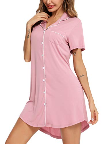Senert Nightgowns for Women Button Down Sleeve Sleep Shirt Night Gowns - color: Bean Paste, size: Medium