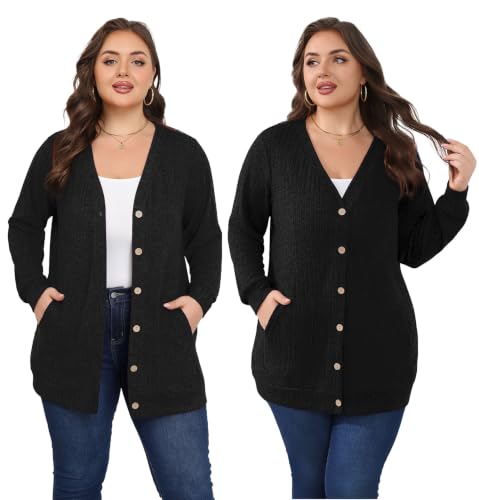 Lastshe Women Plus Size Cardigan Fall Thin Sweaters with Pockets 1X-5X - color: 01 Black, size: 5X
