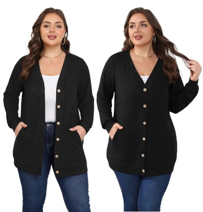 Lastshe Women Plus Size Cardigan Fall Thin Sweaters with Pockets 1X-5X - color: 01 Black, size: 4X