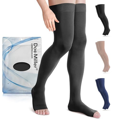 Doc Miller Thigh High Open Toe Compression Stockings 15-20mmHg - color: Black, size: 3X-Large