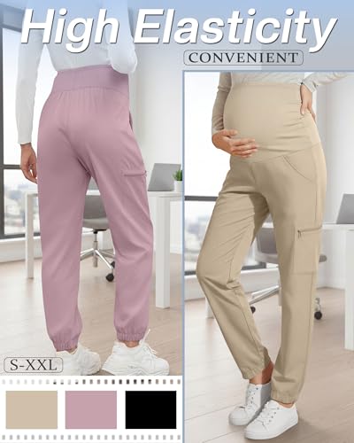 3 Pack Maternity Scrub Cargo Jogger Pants - color: Black, Dusty Purple, Apricot, size: Large