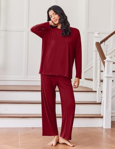 Ekouaer Lounge Sets for Women Long Sleeve Pajamas Fall Loungewear - color: Wine Red, size: Small