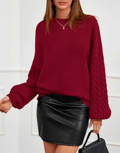 PRETTYGARDEN Womens Fall Sweaters 2025 Cable Knit Long Sleeve Crewneck Casual Chunky Pullover Oversized Sweater Outfits - color: Burgundy, size: Small