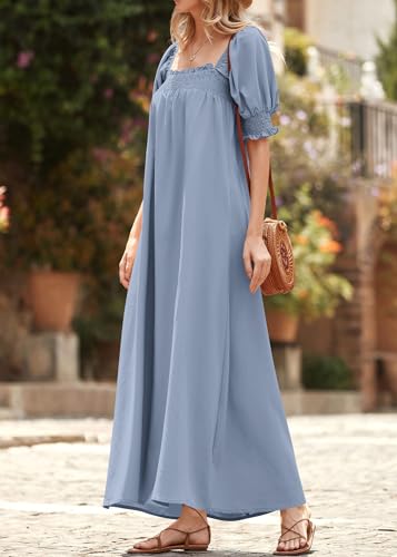 KIRUNDO Women Summer Maxi Dress Puff Sleeve Long Dresses - color: Blue Grey, size: Large