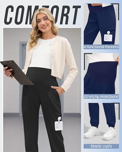 3 Pack Maternity Scrub Cargo Jogger Pants - color: Black, Wine Red, Navy Blue, size: Medium