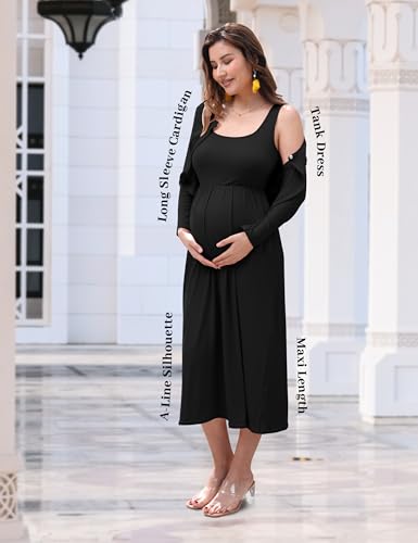 2 PCS Maternity Dress with Cardigan Set, Tank Maxi Pregnancy Dresses - color: Black, size: Large