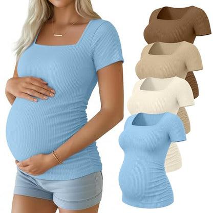 Huukeay 4 Pack Women's Short Sleeve Maternity Shirts - color: Light Khaki, Dark Khaki, Cream, Light Blue, size: Medium