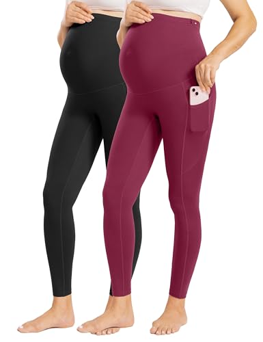 Enerful Maternity Leggings for Women - color: 2pack Black/Wine Red, size: Small