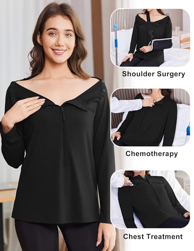 Deyeek Women's Long Sleeve Chemo Shirts Port Access Chemotherapy Apparel - color: Black, size: Medium