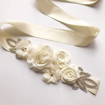 Huralona Wedding Sash Belt Satin Ribbon with Flowers Pearls Rhinestone - color: Ivory