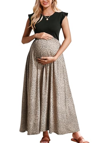 OUGES Women's Ruffle Sleeve Patchwork Maternity Maxi Dress with Pockets - color: Khaki Leopard, size: Small