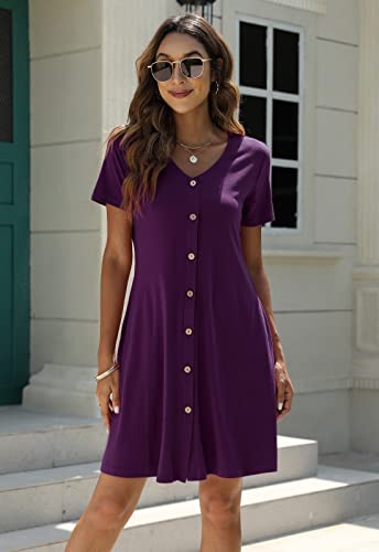 Manydress Women's Button Down Summer Dress Short Sleeve with Pockets - color: Dark Purple, size: Medium