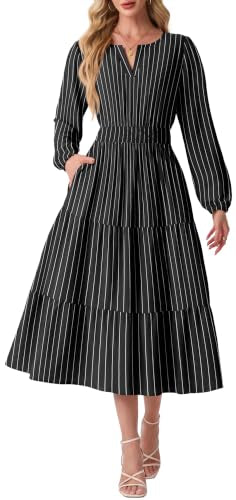 GRECERELLE Casual Fall Dresses for Women Long Sleeve Wedding Guest Dresses - color: Black Stripe, size: X-Large