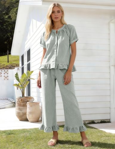 Flygo Womens Striped Pajama Sets Cotton 2 Piece Ruffle Lounge Pjs - color: Darkgreen, size: Large