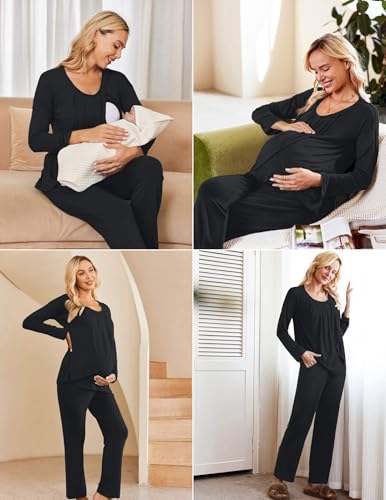 Ekouaer Maternity Nursing Pajama Set Long Sleeve Breastfeeding Sleepwear - color: A Black, size: X-Large