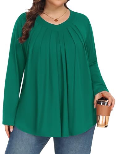 Tencede Womens Plus Size Tops Long Sleeve Shirts V Neck Tunic Blouses 1X-5X - color: Emerald Green, size: 3X-Large