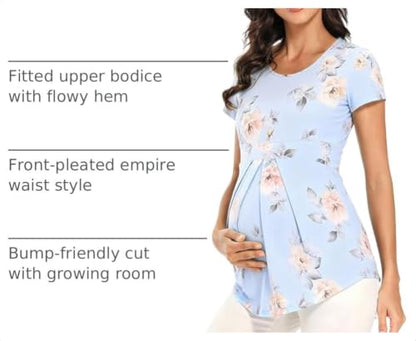 Glampunch Maternity Tops, Front Pleat Peplum Tunic Top Pregnancy Shirts - color: A7 Flower80, size: Small