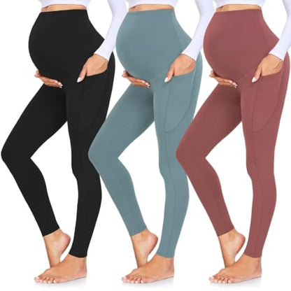 GROTEEN 3 Pack Maternity Leggings with Pockets Over Belly Yoga Pants - color: 02-black/Turquoise Blue/Pink, size: Medium