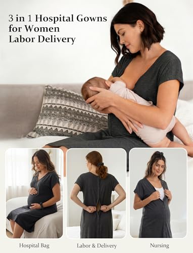 PATPAT Maternity Labor and Delivery Gown, Womens Hospital Gown with Pockets - color: Dark Heather Gray, size: Medium (Fit S/M)