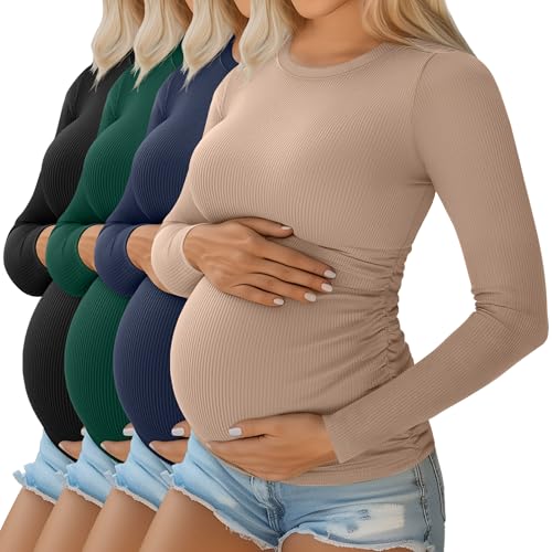 Ficerd 4 Pack Women's Maternity Shirts Long Sleeve Pregnancy Top - color: Black, Dark Green, Navy Blue, Khaki, size: Large