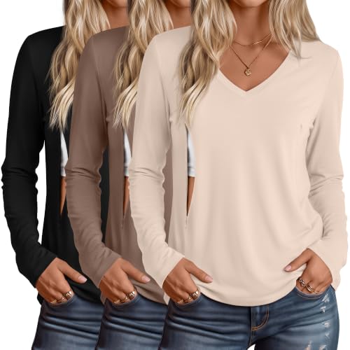 Huukeay 3 Pack Maternity Nursing Tops Breastfeeding Shirts - color: Black, Khaki, Cream, size: XX-Large