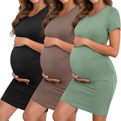 Riyiper 3 Pack Womens Maternity Short Sleeve Dresses - color: Black, Light Green, Light Brown, size: Small