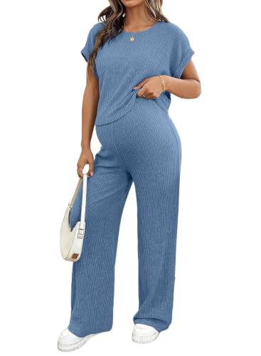 BLENCOT Maternity Sets Summer Ribbed Knit Pajamas Outfits - color: Blue, size: Medium
