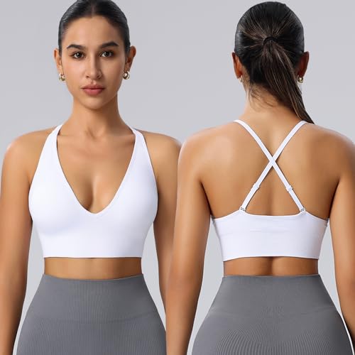 Women's V Neck Sports Bras, Adjustable Seamless Wireless Padded Bralettes - color: Black White Gray 3 Pack, size: Small