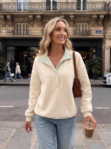 BLENCOT Women Mock Neck Sweatshirt Oversized Long Sleeve Henley Shirts - color: Beige, size: Medium