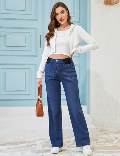 POSHGLAM Maternity Jeans Wide Leg Side Panel for Pregnancy & Postpartum, Comfy Stretch Denim Pants - color: Dark Blue, size: X-Large