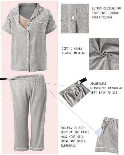 Rnxrbb Button Down Maternity Pajamas Set Nursing Postpartum Pjs Clothes - color: New-light Gray, size: Large