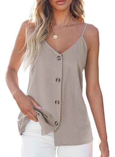 BLENCOT Womens Summer Spaghetti Strap Tank Tops Button Casual Camisoles - color: Champagne, size: Medium