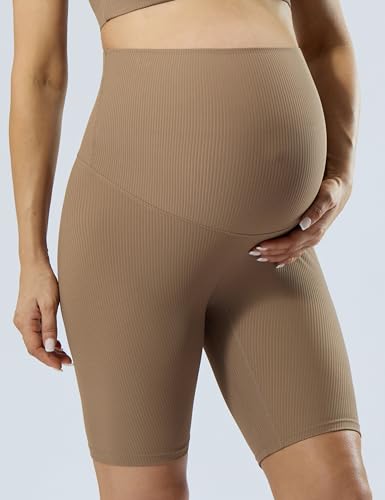 POSHDIVAH Ribbed Maternity Biker Shorts for Women 5"/8" - color: Brown 8", size: Small