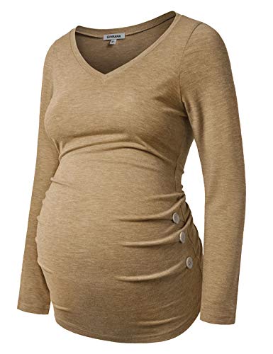GINKANA Maternity Shirt Long Sleeve Basic Top Ruch Sides Buttons Tshirt for Pregnant - color: Khaki, size: Medium