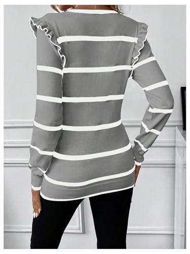 BEAUDRM Women's Maternity Sweater Striped Pattern Round Neck Long Sleeve Ruffle Tops - color: Dusty Blue, size: Small