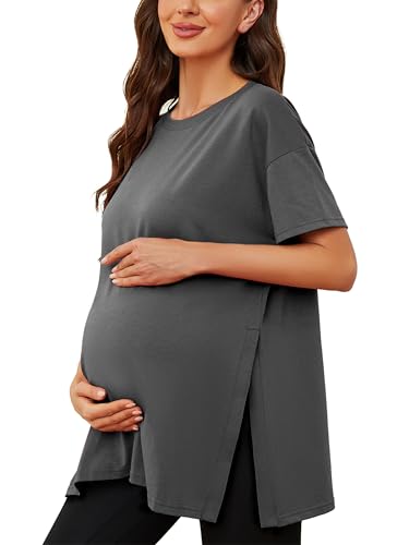 Ecavus Maternity Shirts Side Split Soft Cotton Loose Fit Pregnancy Tops - color: Dark Gray, size: Large