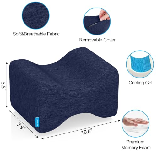 Knee Pillow for Side Sleepers, Leg Pillow with Cooling Gel, Blue/Large - color: Dark Blue, size: Large