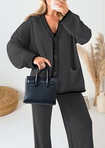 PRETTYGARDEN Women's Fall 2 Piece Knit Sweater Lounge Set - color: Dark Grey, size: Large