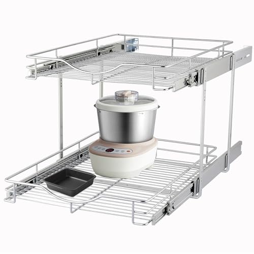 DINDON 2 Tier Pull Out Cabinet Organizer (17" W x 18" D) Heavy-Duty Metal Sliding Drawer Shelf, Two Tier Pull Out Shelves for Kitchen Cabinets, Pantry, Bathroom, Chrome Finish - size: 17" W X 18" D
