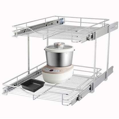 DINDON 2 Tier Pull Out Cabinet Organizer (17" W x 18" D) Heavy-Duty Metal Sliding Drawer Shelf, Two Tier Pull Out Shelves for Kitchen Cabinets, Pantry, Bathroom, Chrome Finish - size: 17" W X 18" D