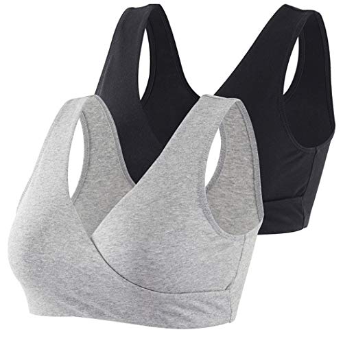 KUCI Maternity Nursing Bra Wireless Cotton Breastfeeding Bra for Sleep - color: Black+grey/2pack, size: Medium