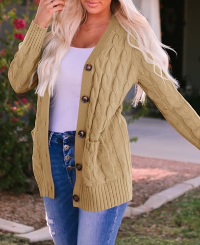 ZESICA Long Sleeve Button Down Open Front Cable Knit Cardigan Sweaters - color: Khaki, size: X-Large