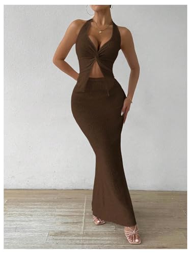 SOLY HUX Women's 2 Piece Outfit Twist Front Halter Cami Skirt Summer Set - color: Plain Brown, size: X-Large