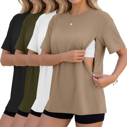 4 Pack Nursing Breastfeeding Shirts - color: Khaki, White, Army Green, Black, size: X-Large