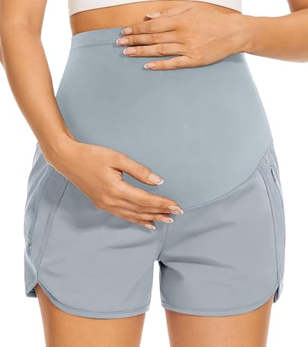 PACBREEZE Women's Maternity Shorts Over Belly Quick Dry Workout Athletic Running Shorts with Zipper Pockets - color: 09：grey, size: Medium