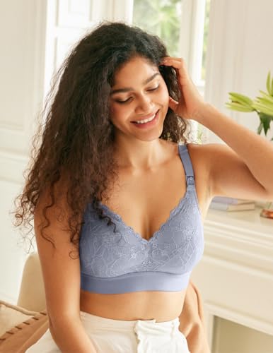 Momcozy Lace Nursing Bra for Breastfeeding, Wirefree Maternity Bra with Fixed Padding, Soft Deep V Bra - color: Bluebell, size: Medium