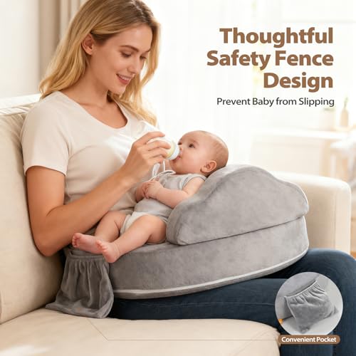 Nursing Pillow for Breastfeeding, with Safety Fence, Removable Cover - color: Gray