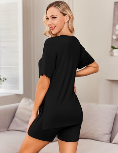 Ekouaer Maternity Sets 2 Piece Outfits Summer Caual Pregnancy Loungewear - color: Black, size: Medium